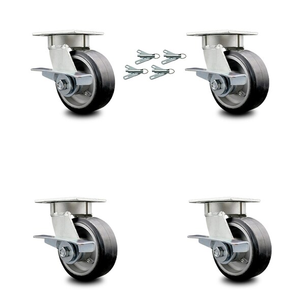 5 Inch Kingpinless Rubber on Aluminum Wheel Caster Set Brake and Swivel Lock SCC